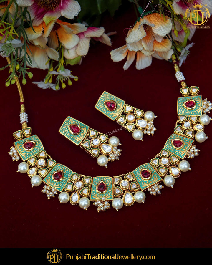 Hand Painted Emerald Meena Rubby Kundan Pearl Necklace Set | Punjabi Traditional Jewellery Exclusive