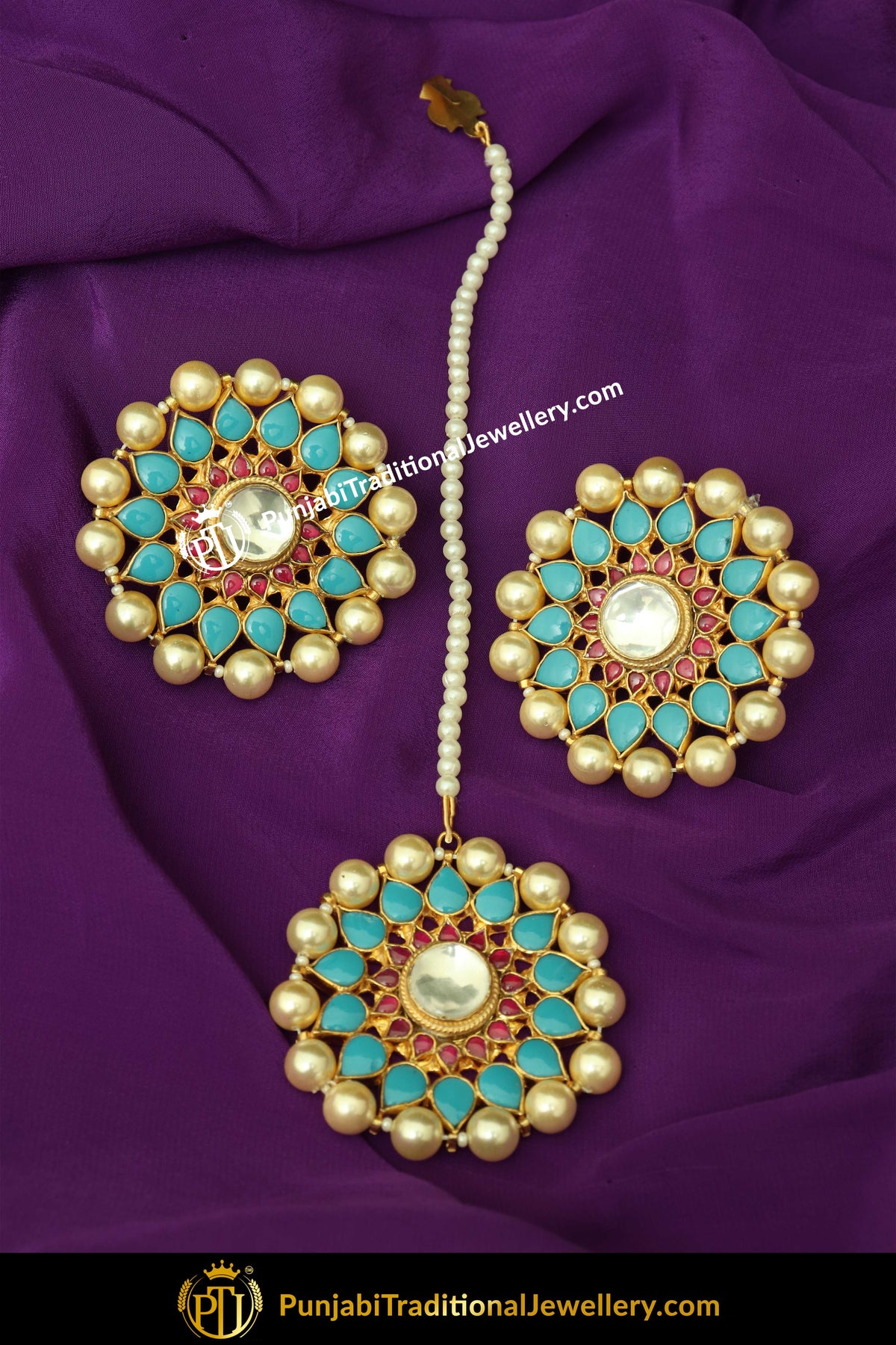 laira Gold Finished Pearl Firozi Stud Earring Tikka Set | Punjabi Traditional Jewellery Exclusive