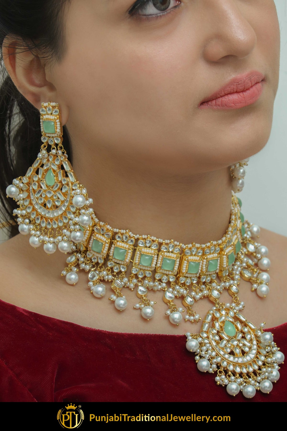 Falaknaz New Jade Kundan Pearl Choker Set | Punjabi Traditional Jewellery Exclusive