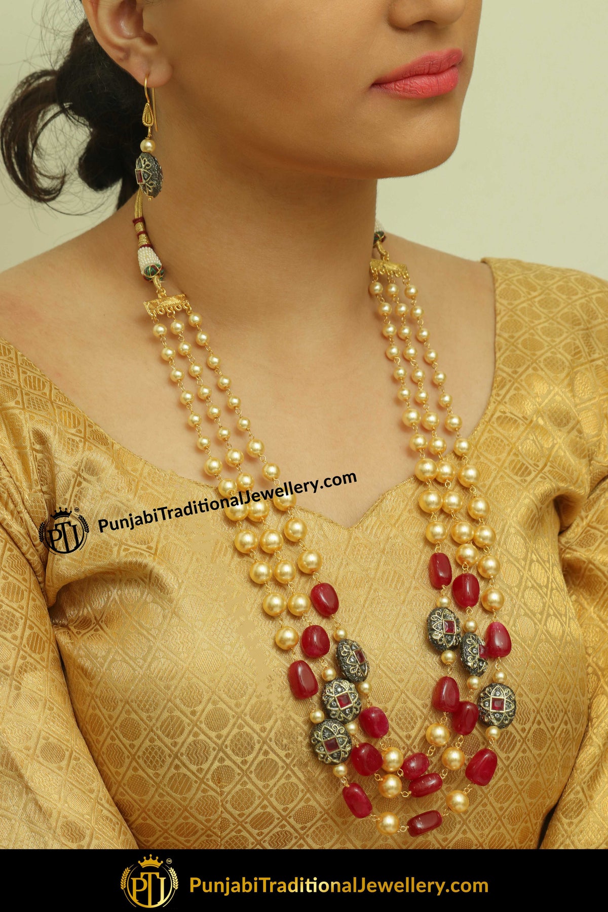 Kamilah Red Pearl Mala Necklace & Earrings | Punjabi Traditional Jewellery Exclusive