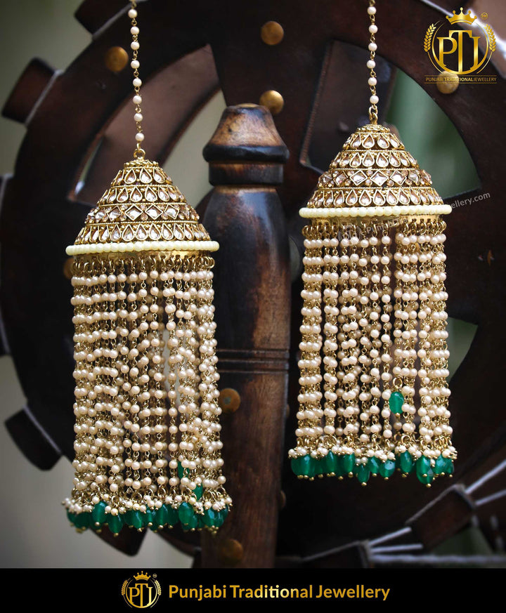 Gold Finished Emerald Champagne Stone Pearl Bridal Kalira | Punjabi Traditional Jewellery Exclusive