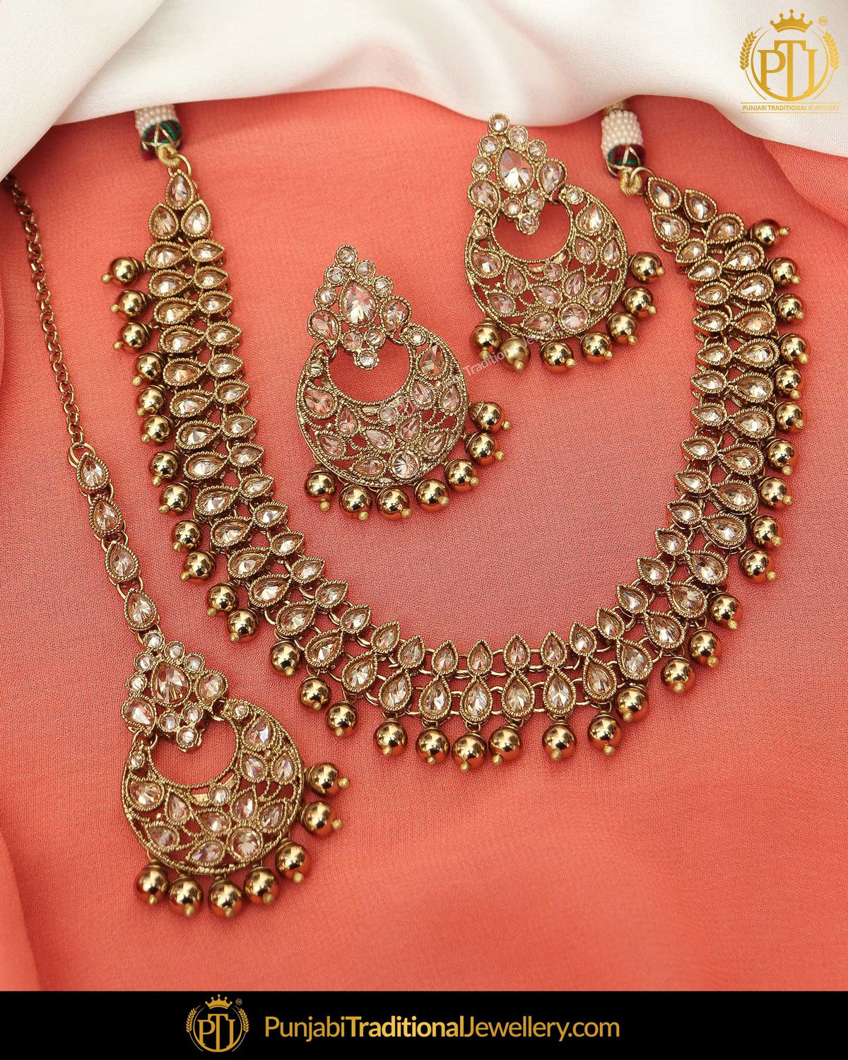 Gold Finished Champagne Stone Pearl Necklace Set | Punjabi Traditional Jewellery Exclusive