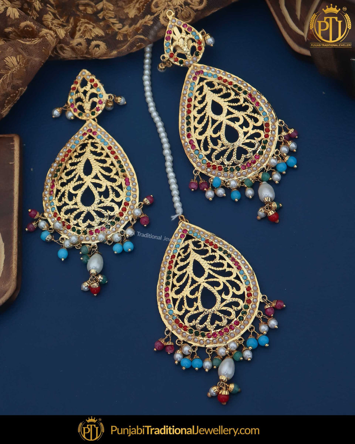Gold Finished Jadau Multi Earring Tikka Set | Punjabi Traditional Jewellery Exclusive