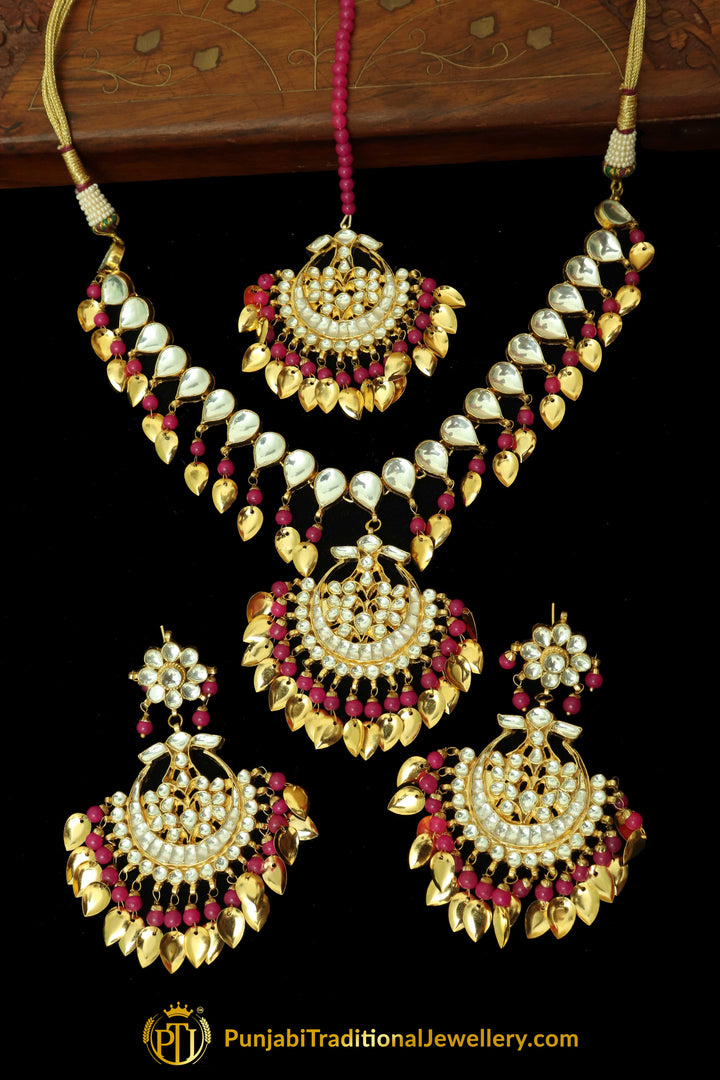 Elizah Hot Pink Kundan Pippal Patti Necklace Set | Punjabi Traditional Jewellery Exclusive