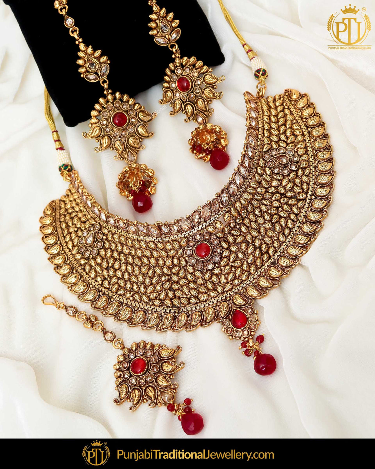 Antique Gold Finished Rubby Choker Johda Necklace Set  | Punjabi Traditional Jewellery Exclusive