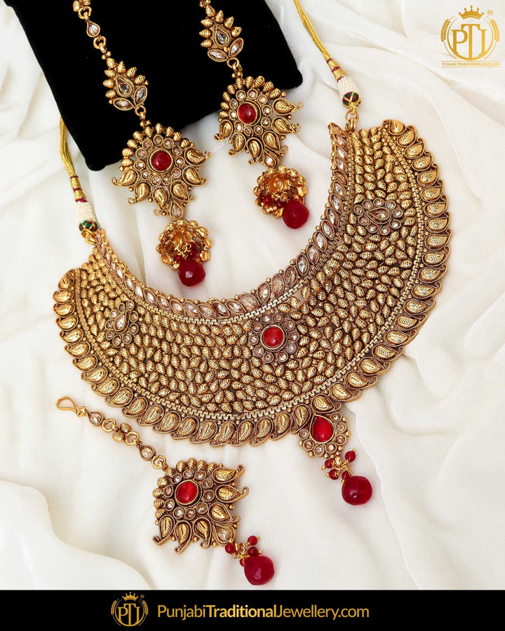 Antique Gold Finished Rubby Choker Johda Necklace Set  | Punjabi Traditional Jewellery Exclusive