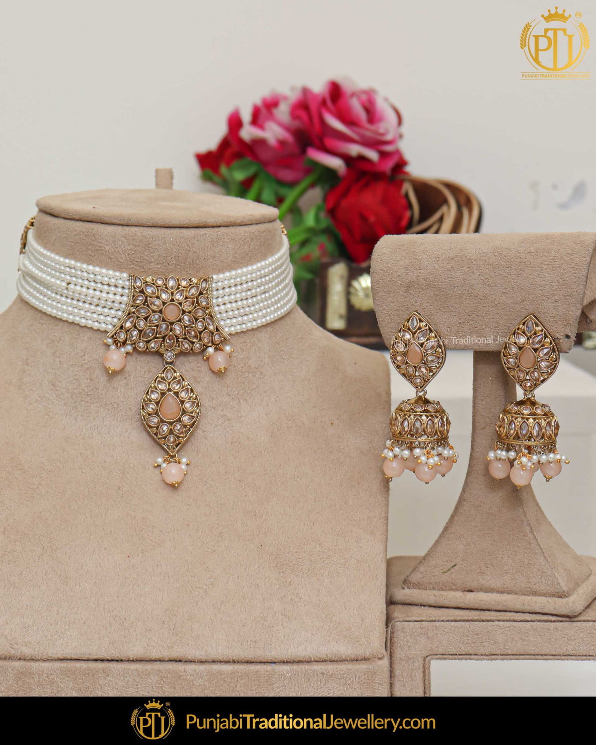 Gold Finished Champagne Stone Peach Pearl Necklace Set | Punjabi Traditional Jewellery Exclusive