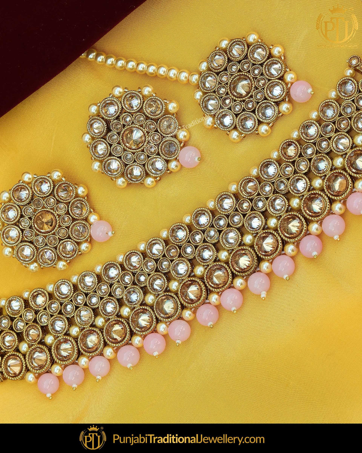 Gold Finished Peach Polki Stone Pearl Choker Necklace Set | Punjabi Traditional Jewellery Exclusive