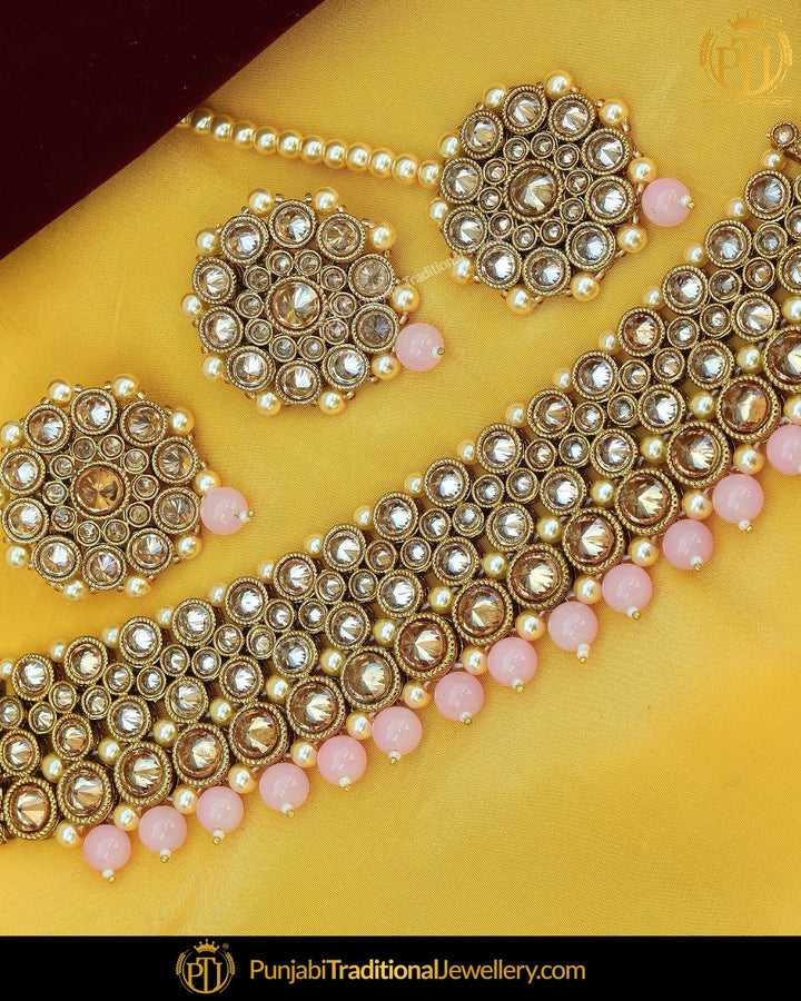 Gold Finished Peach Polki Stone Pearl Choker Necklace Set | Punjabi Traditional Jewellery Exclusive