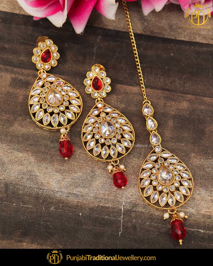 Gold Finished Polki Stone Rubby Pearl Earring Tikka Set | Punjabi Traditional Jewellery Exclusive
