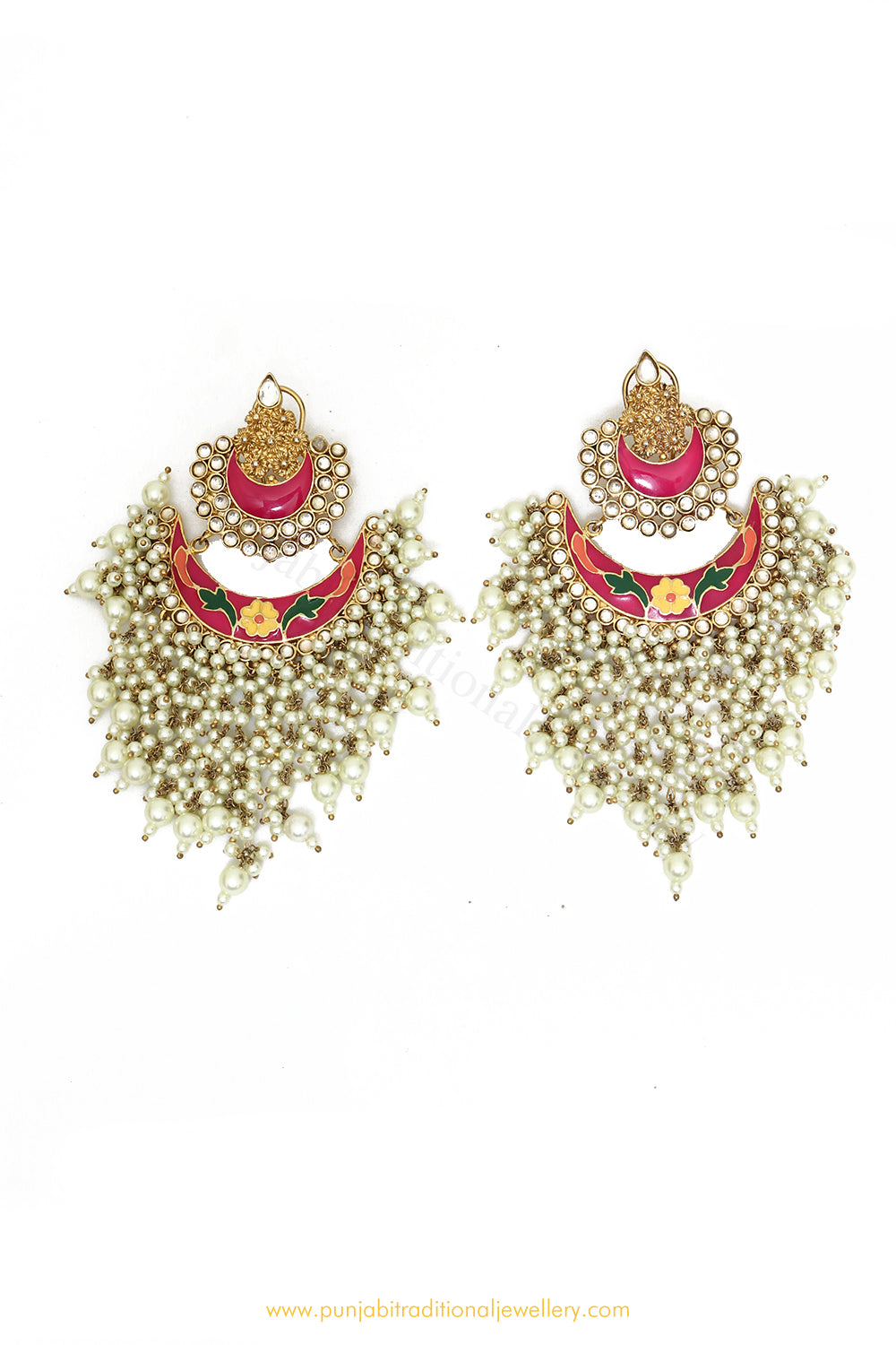 Gold Finished Hand Painted Kundan Earrings by PTJ