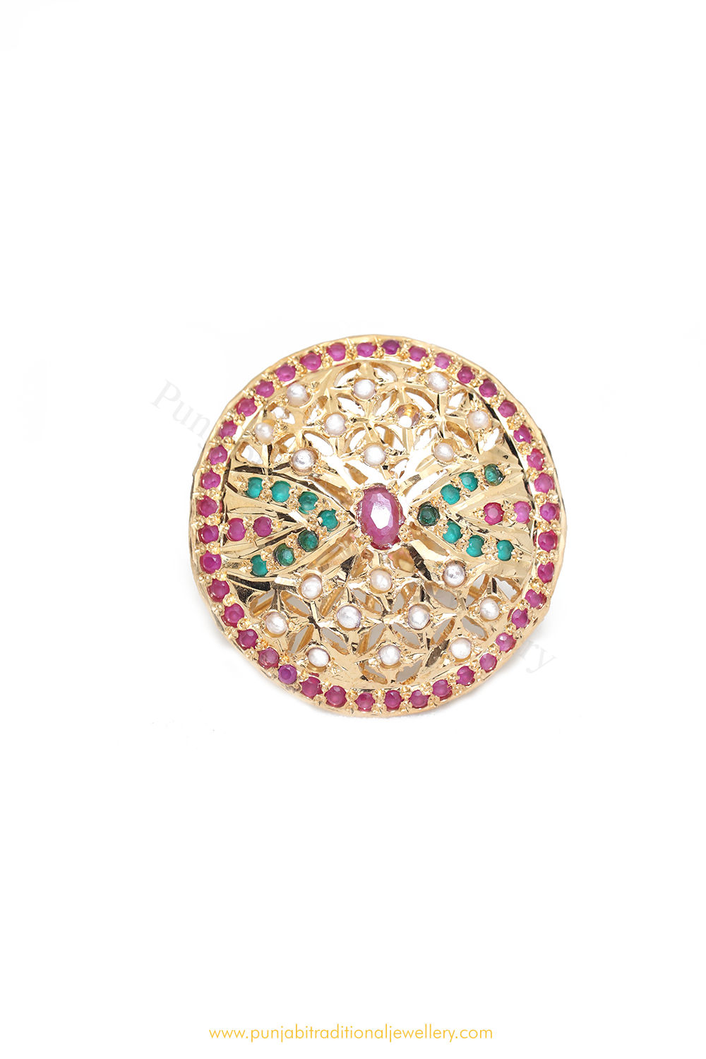Gold Finished Navratan Kundan Ring By PTJ