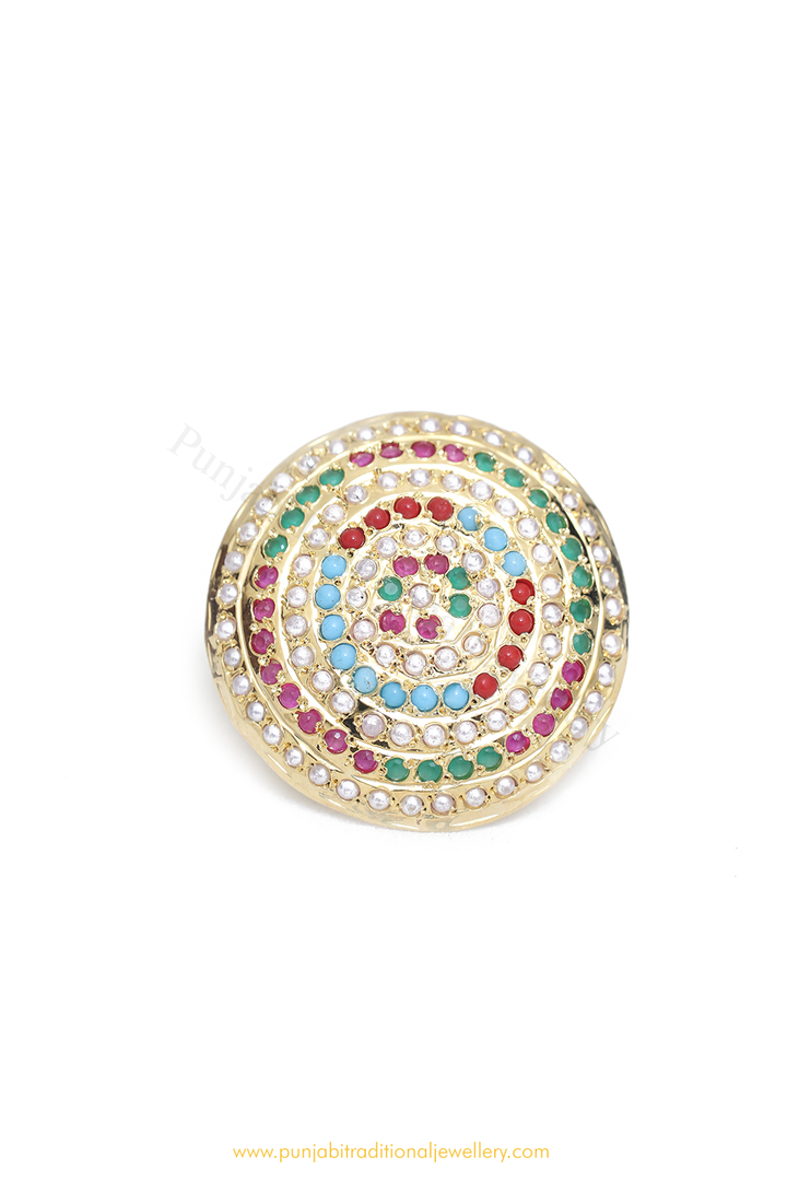 Gold Finished Navratan Jadau Ring By PTJ