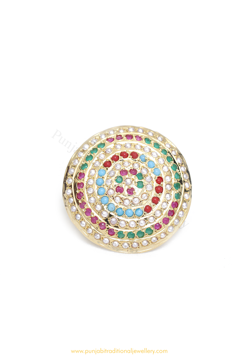 Gold Finished Navratan Kundan Ring By PTJ