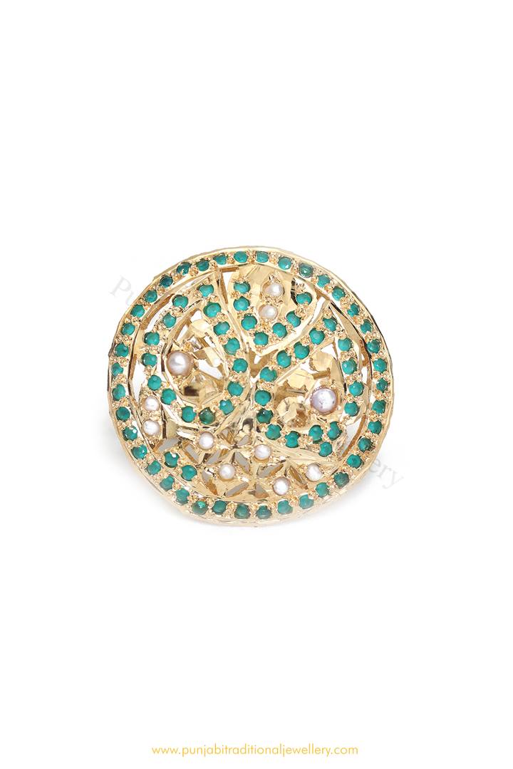 Gold Finished Emerald Jadau Ring By PTJ