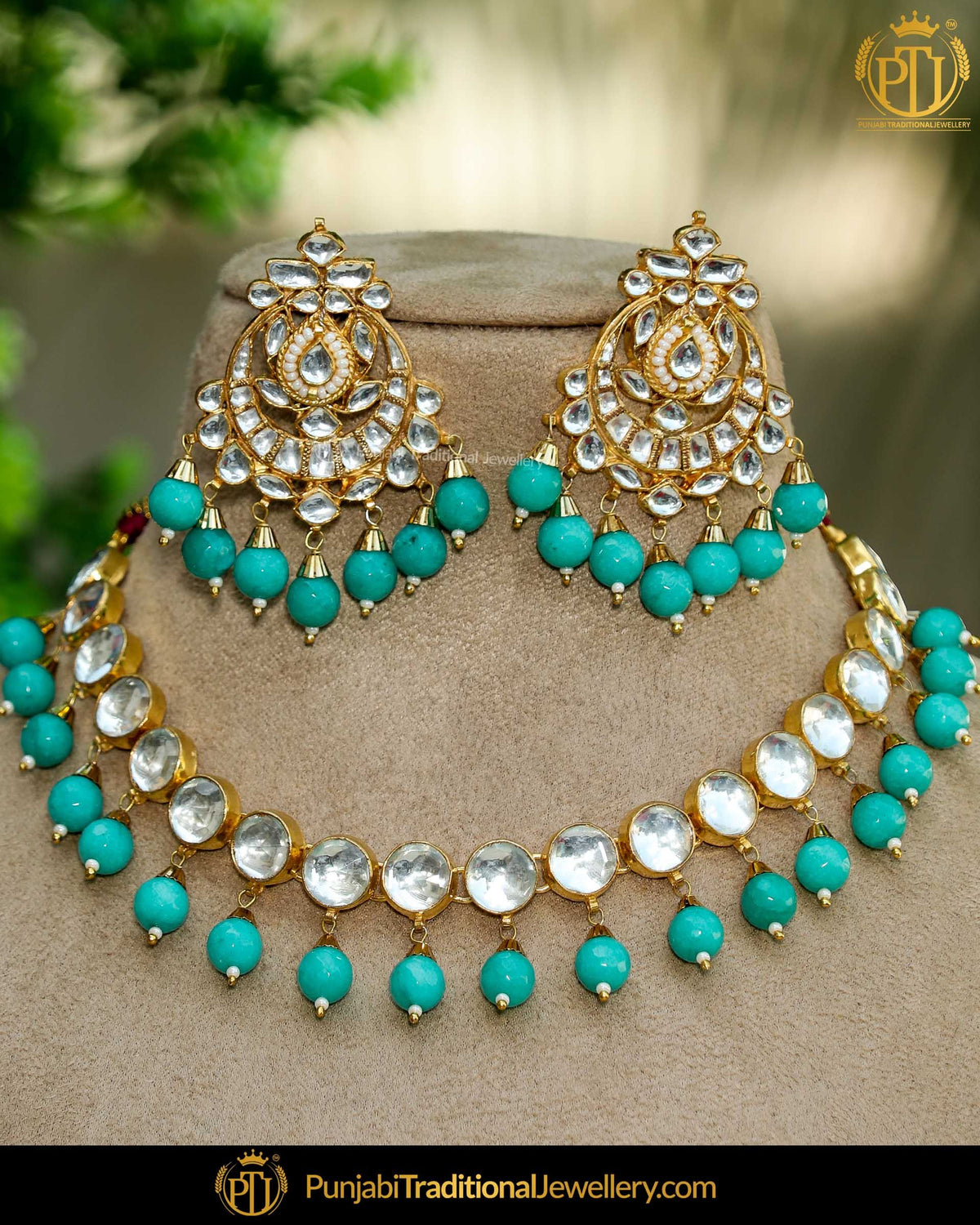 Gold Finished Firozi Pearl Kundan Necklace Set | Punjabi Traditional Jewellery Exclusive