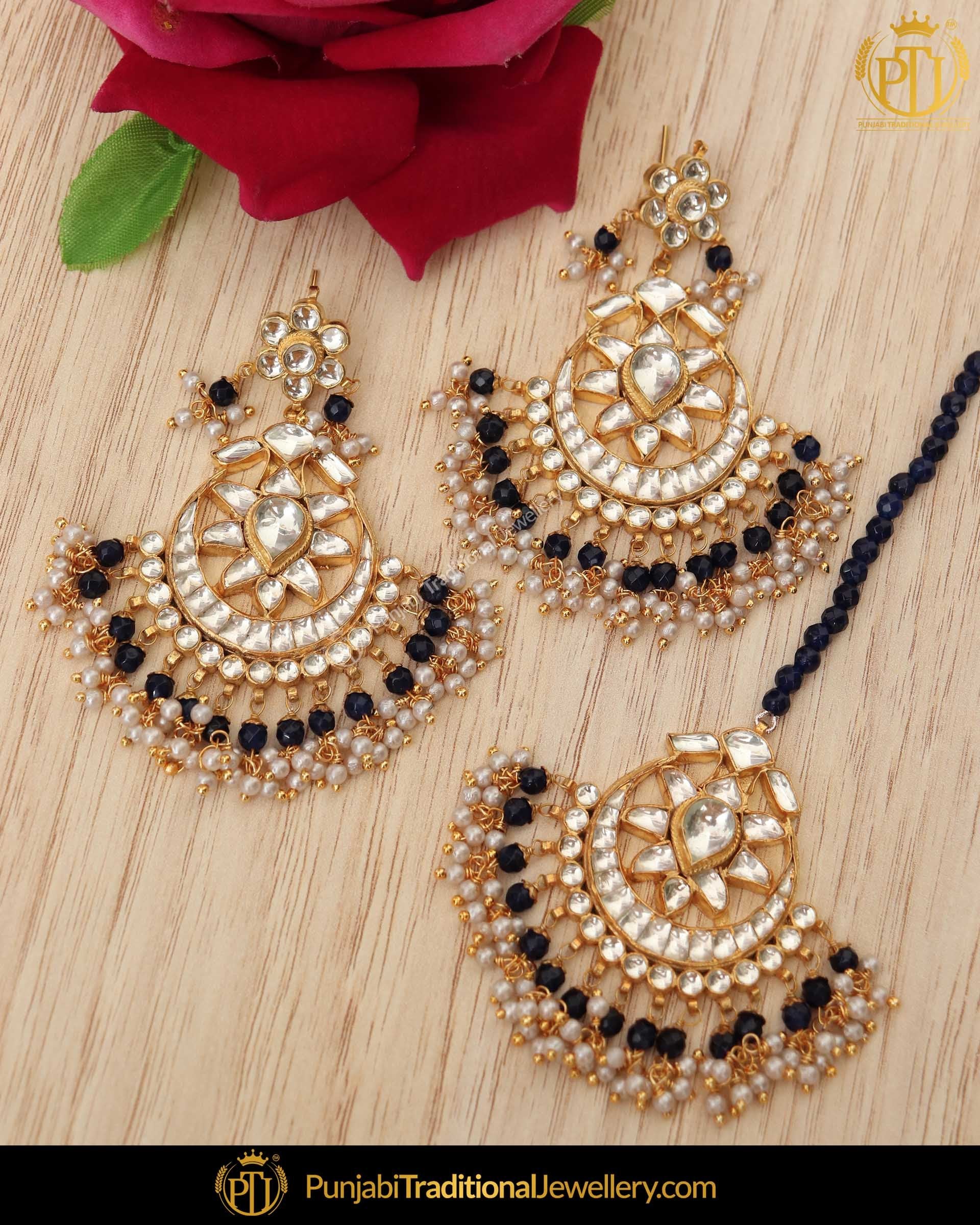 Gold Finished Blue Kundan Earrring Tikka Set | Punjabi Traditional Jewellery Exclusive
