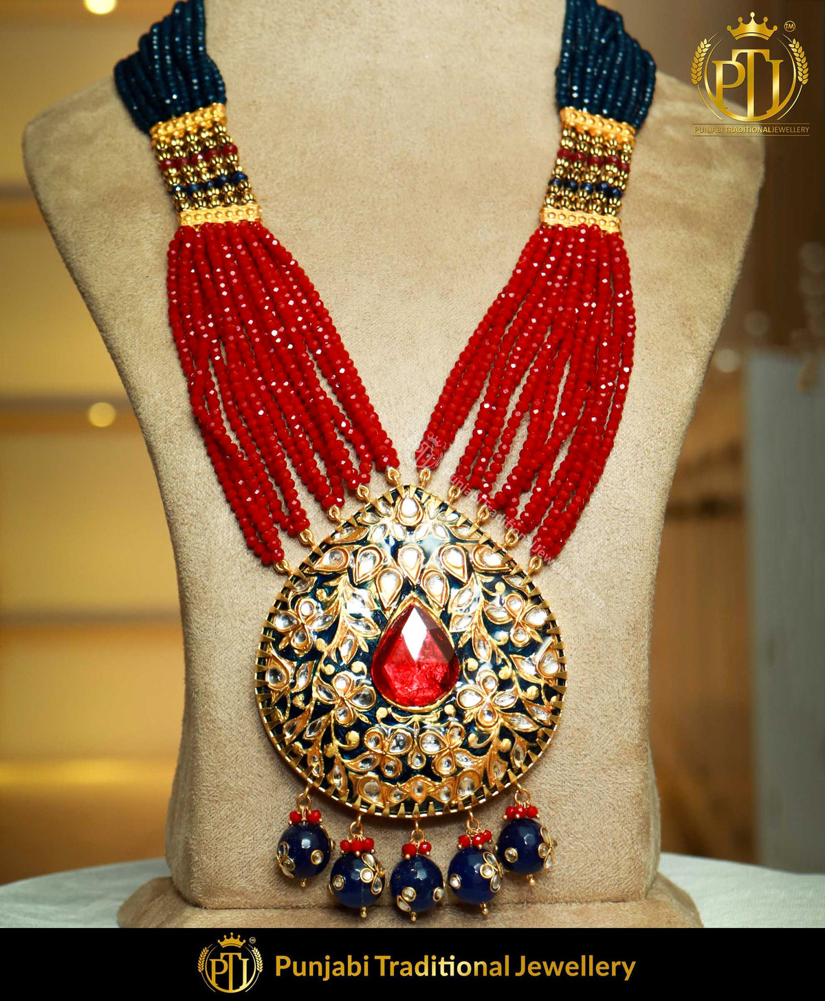Hand-Painted Blue With Rubby Polki Pearl Necklace & Earrings | Punjabi Traditional Jewellery Exclusive
