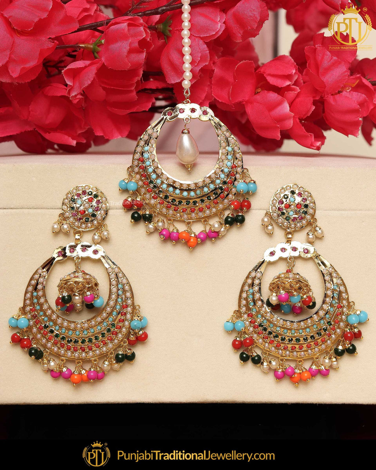 Gold Finished Navratan Jadau Pearl Earring Tikka Set  | Punjabi Traditional Jewellery Exclusive