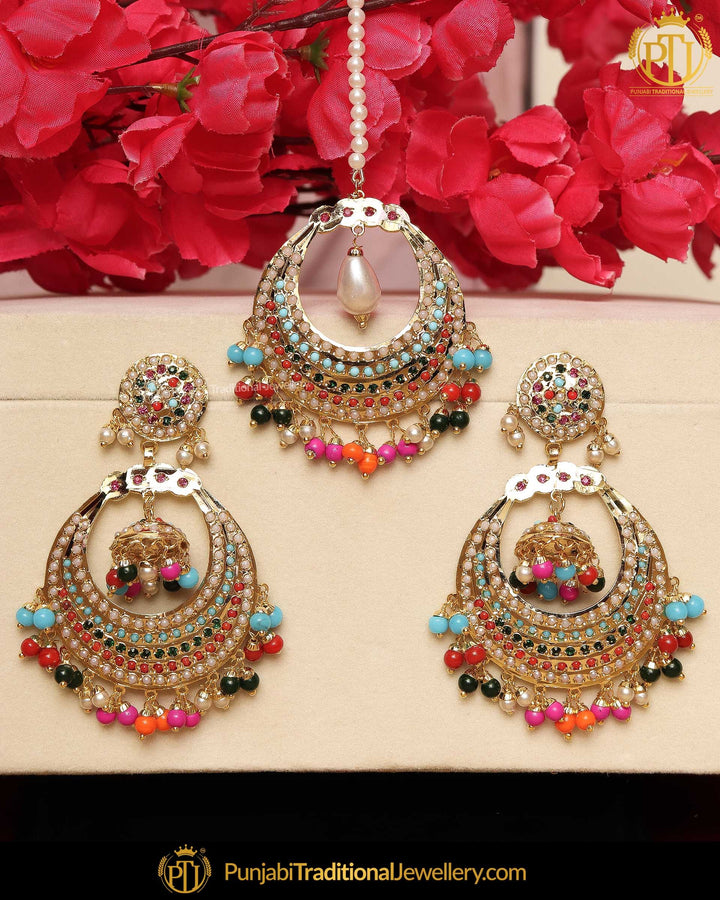 Gold Finished Navratan Jadau Pearl Earring Tikka Set  | Punjabi Traditional Jewellery Exclusive