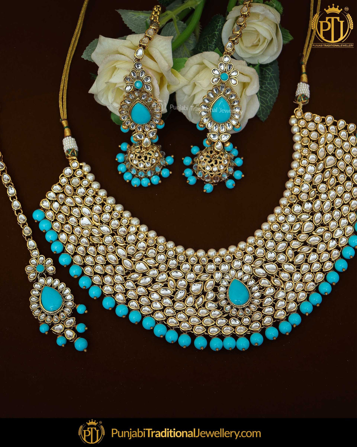 Gold Finished Firozi Kundan Pearl Choker Necklace & Sahare Earrings | Punjabi Traditional Jewellery Exclusive