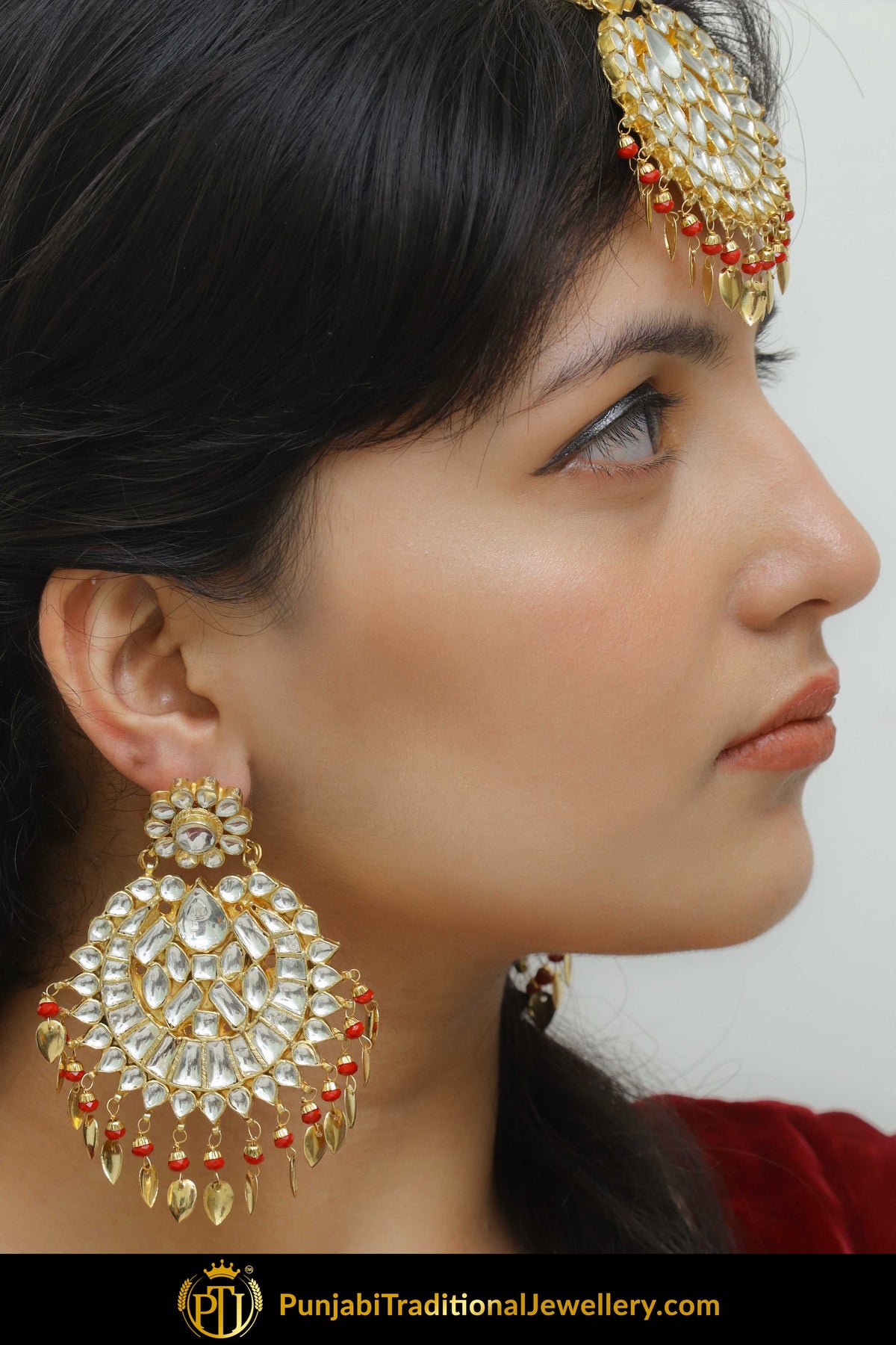 Bahar Red Kundan Pippal Patti Earring Tikka Set | Punjabi Traditional Jewellery Exclusive