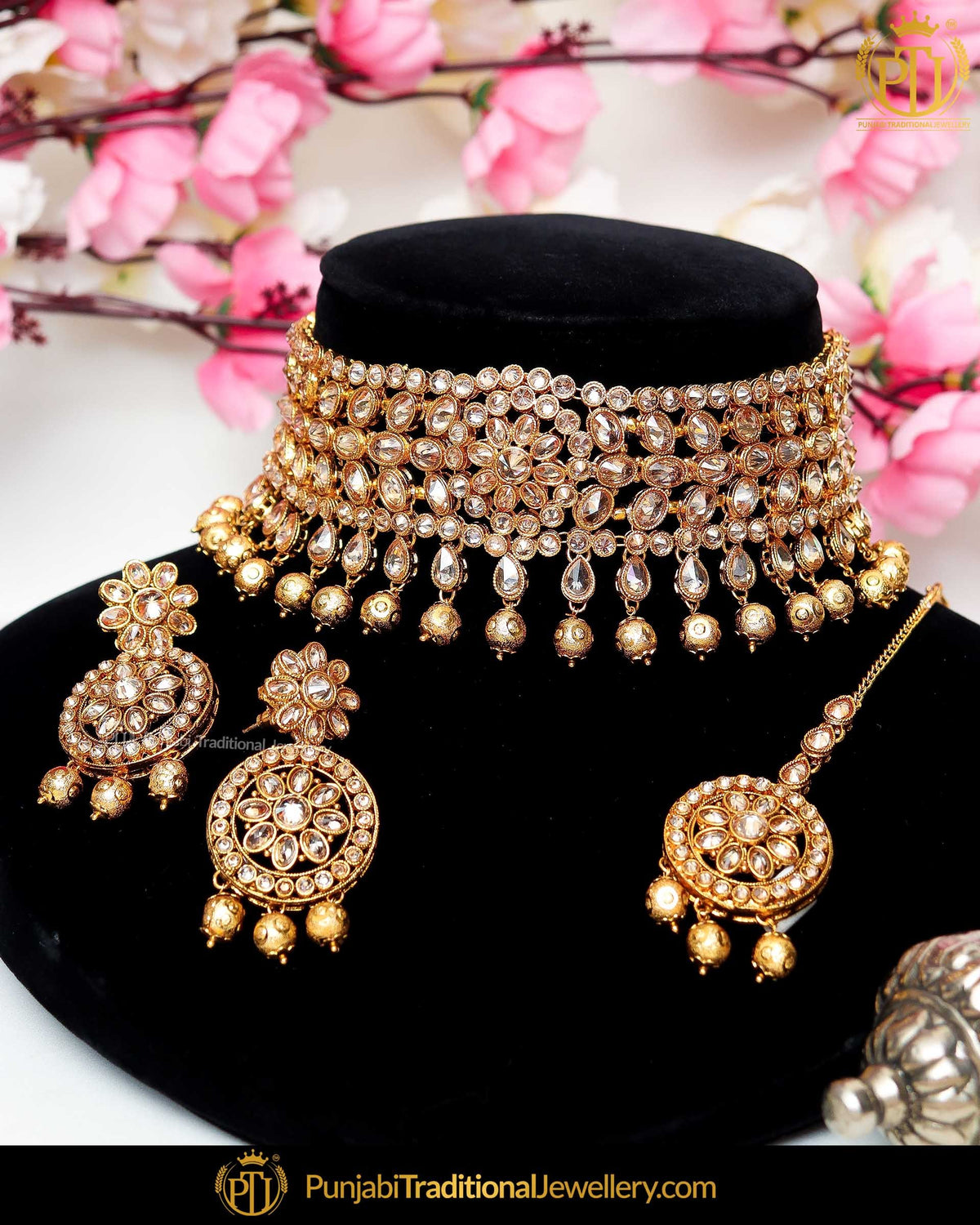 Gold Finished Champagne Stone Pearl Necklace Set  | Punjabi Traditional Jewellery Exclusive