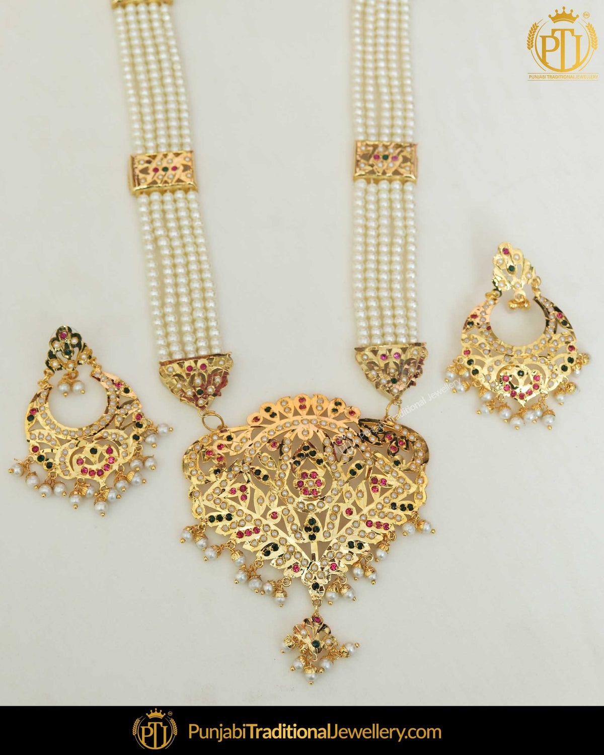 Gold Finished Pearl Jadau Rubby Emerald  Necklace Set | Punjabi Traditional Jewellery Exclusive
