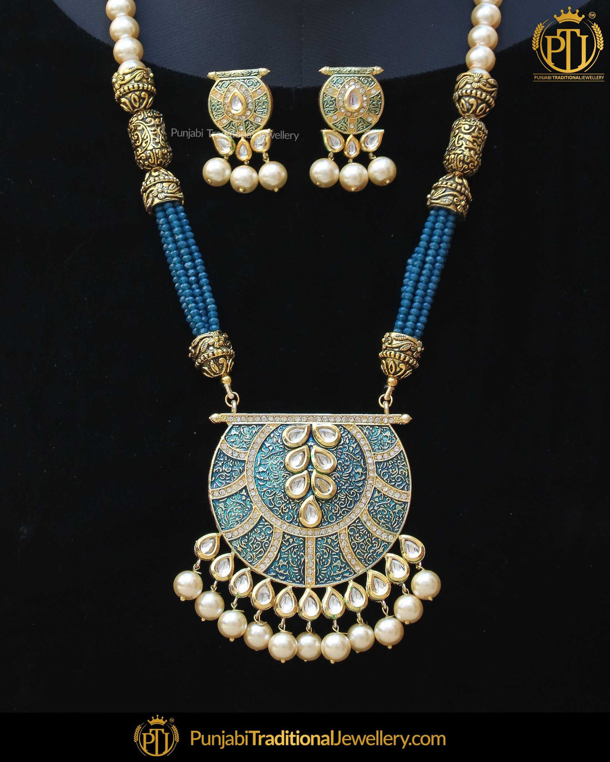 Gold Finished Blue Kundan Long Pearl Necklace Set | Punjabi Traditional Jewellery Exclusive