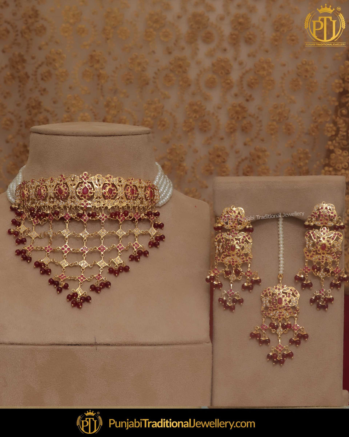 Gold Finished Red Pearl Choker Necklace Set | Punjabi Traditional Jewellery Exclusive