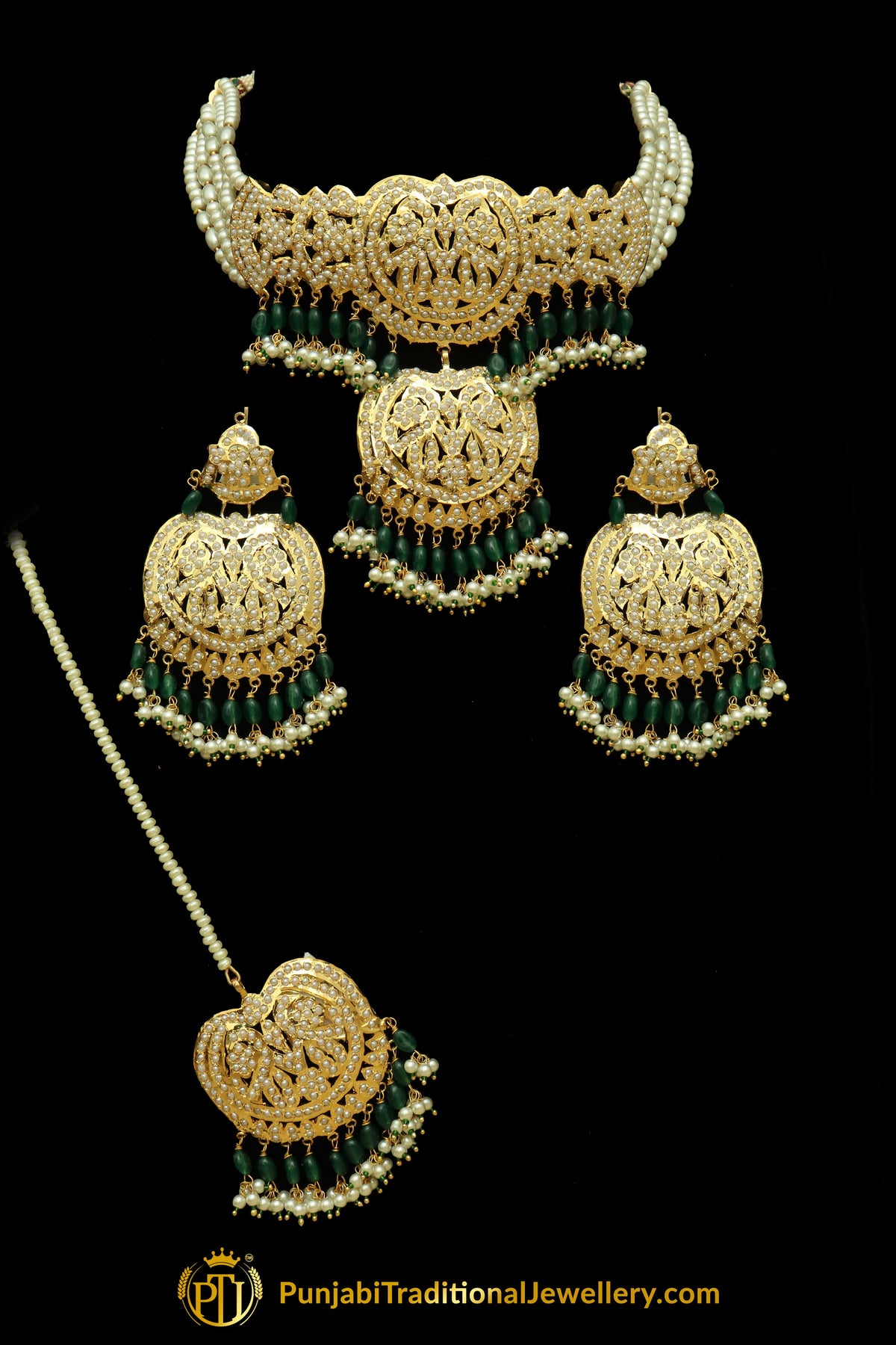 Ghayda  Gold Finished Emerald Jadau Necklace, Earrings With Tikka | Punjabi Traditional Jewellery Exclusive