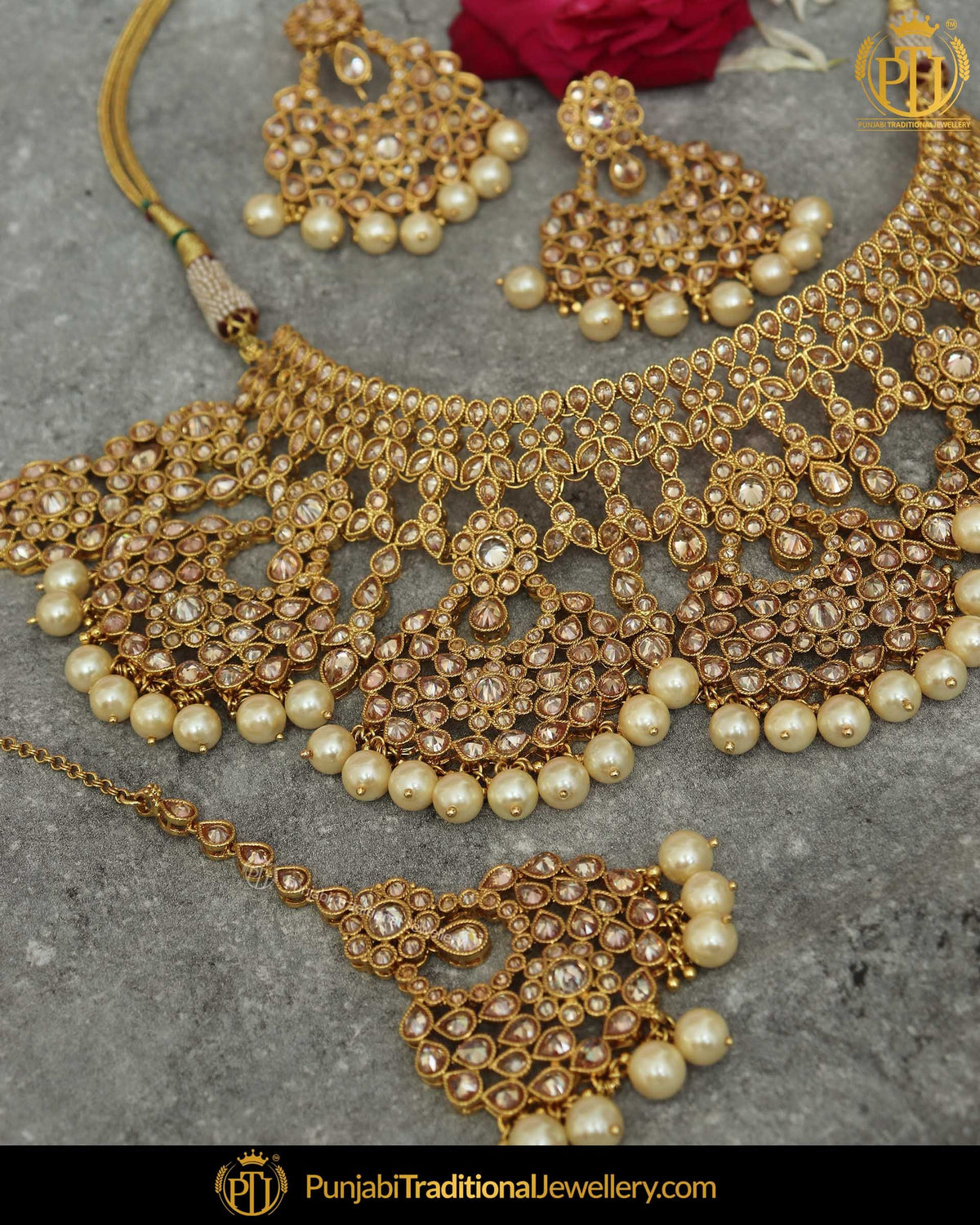 Gold Finished Champagne Stone Pearl Necklace Set | Punjabi Traditional Jewellery Exclusive