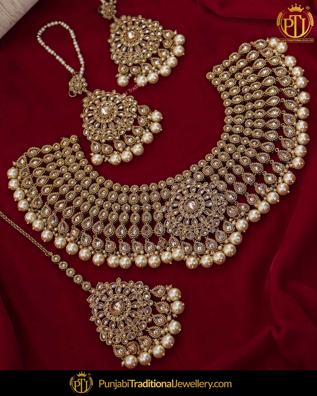 Gold Finished Chamapgne Stone Pearl Necklace Set | Punjabi Traditional Jewellery Exclusive
