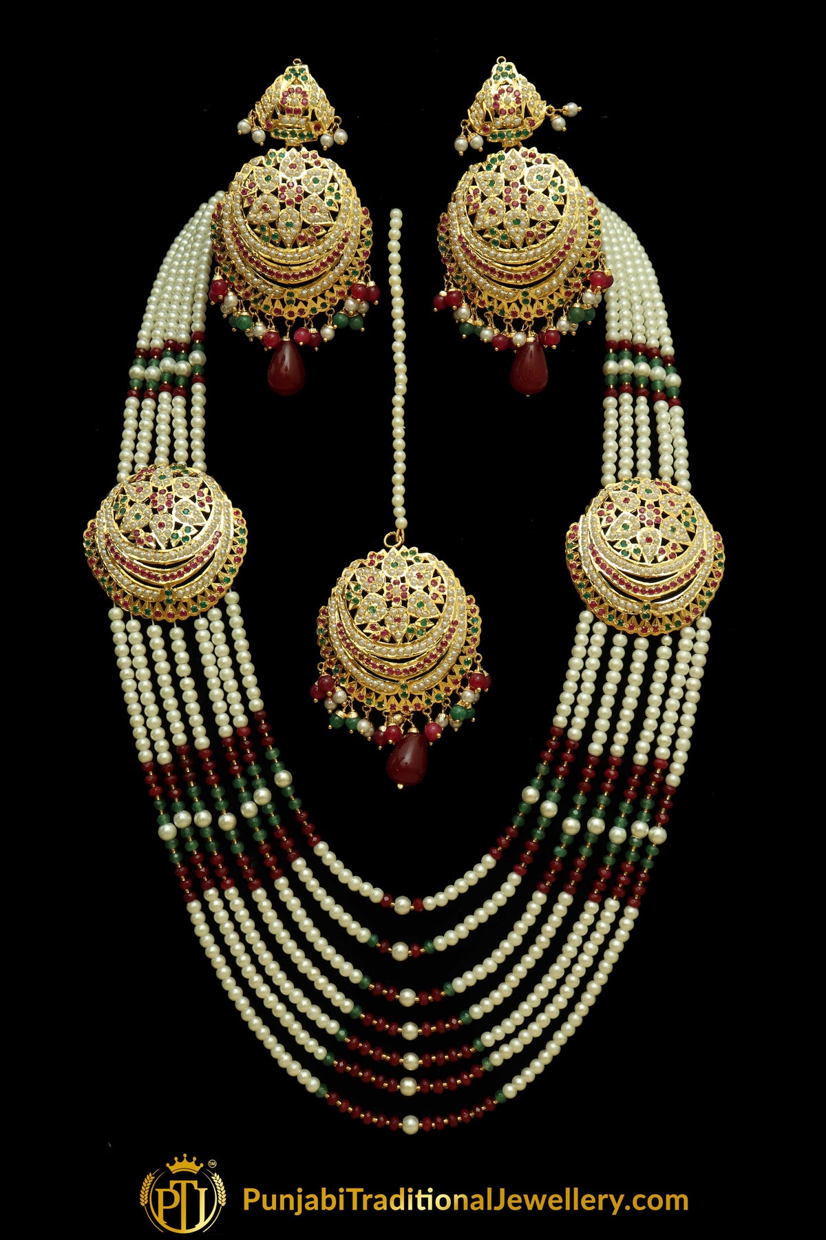 Jasrah Gold Finished Emerald Rubby Jadau Necklace, Tikka & Earrings | Punjabi Traditional Jewellery Exclusive