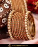Antique Gold Finished Orange Pearl Bangles Set (Both Hand Pair) | Punjabi Traditional Jewellery Exclusive