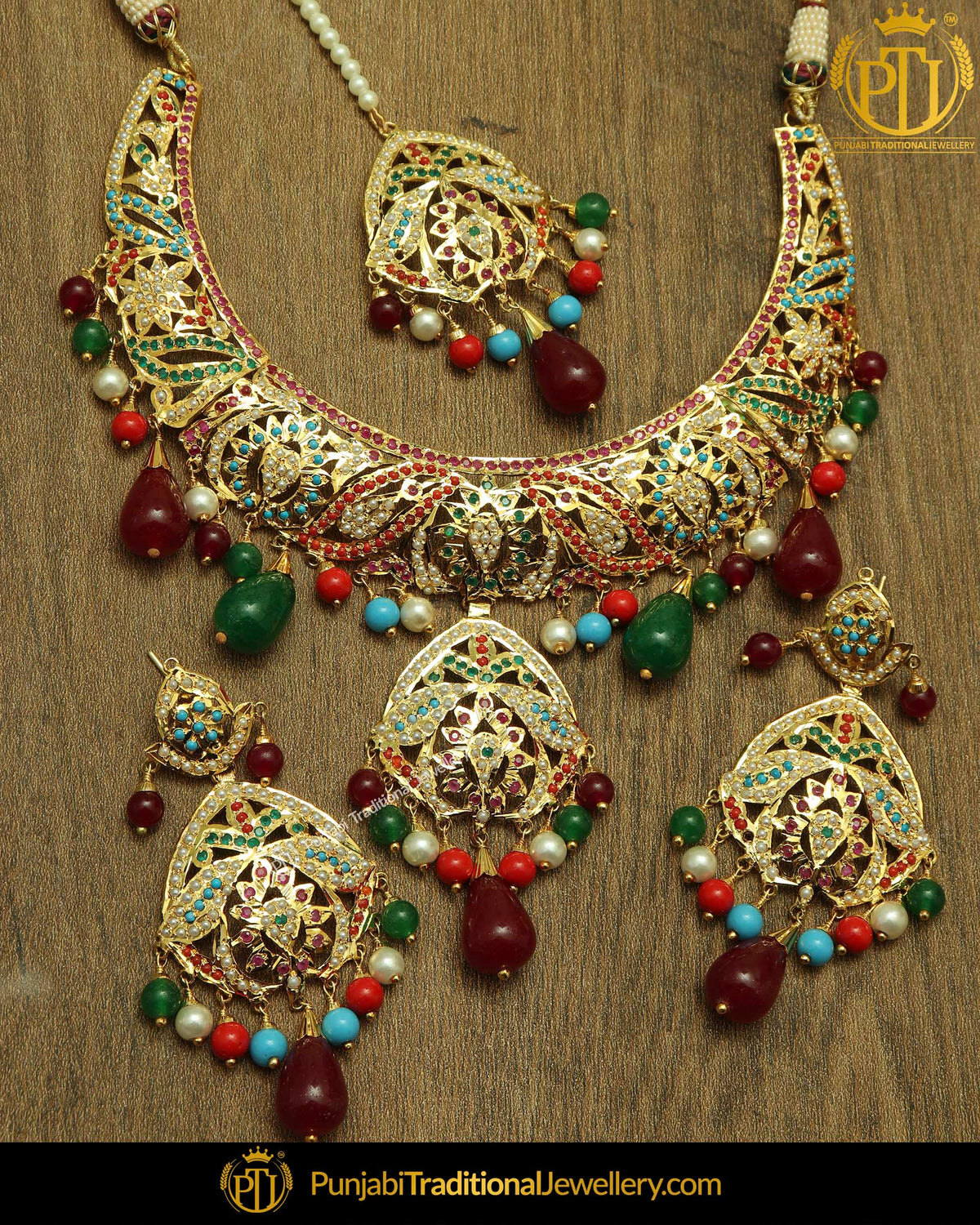 Jasmina Gold Finished Emerald Rubby Jadau Necklace, Tikka & Earrings | Punjabi Traditional Jewellery Exclusive