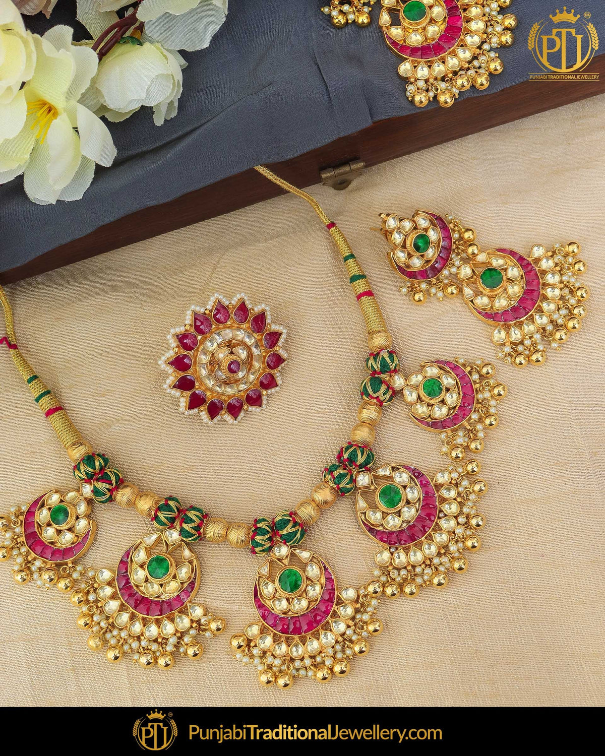 Gold Finished Rubby Panna Kundan Necklace Set & Ring | Punjabi Traditional Jewellery Exclusive