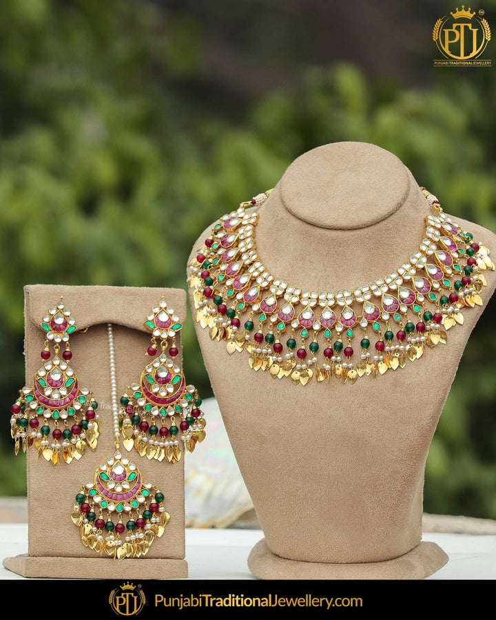 Gold Finished Pippal Patti Rubby Panna Kundan Pearl Necklace Set | Punjabi Traditional Jewellery Exclusive