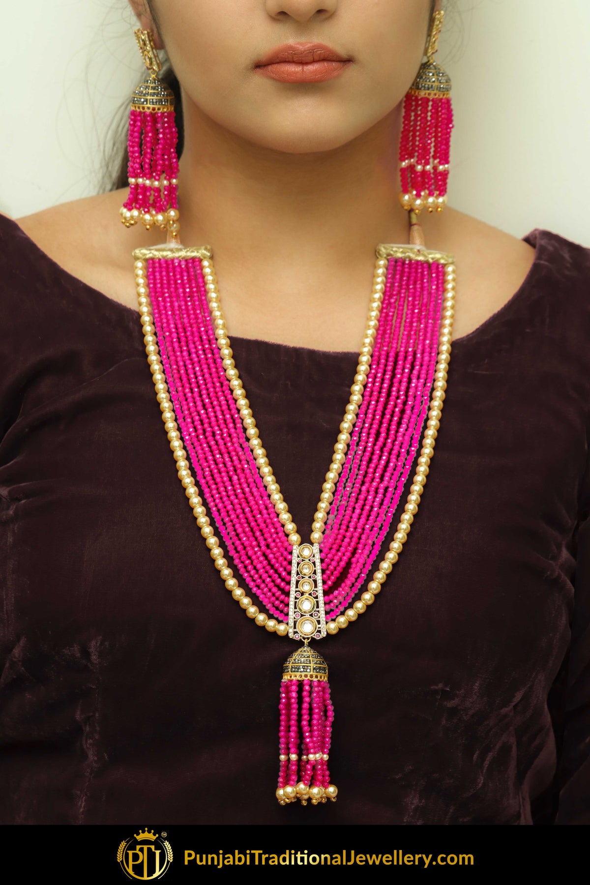 Farzana Gold Finished Hot Pink Mala Necklace With Earrings  | Punjabi Traditional Jewellery Exclusive