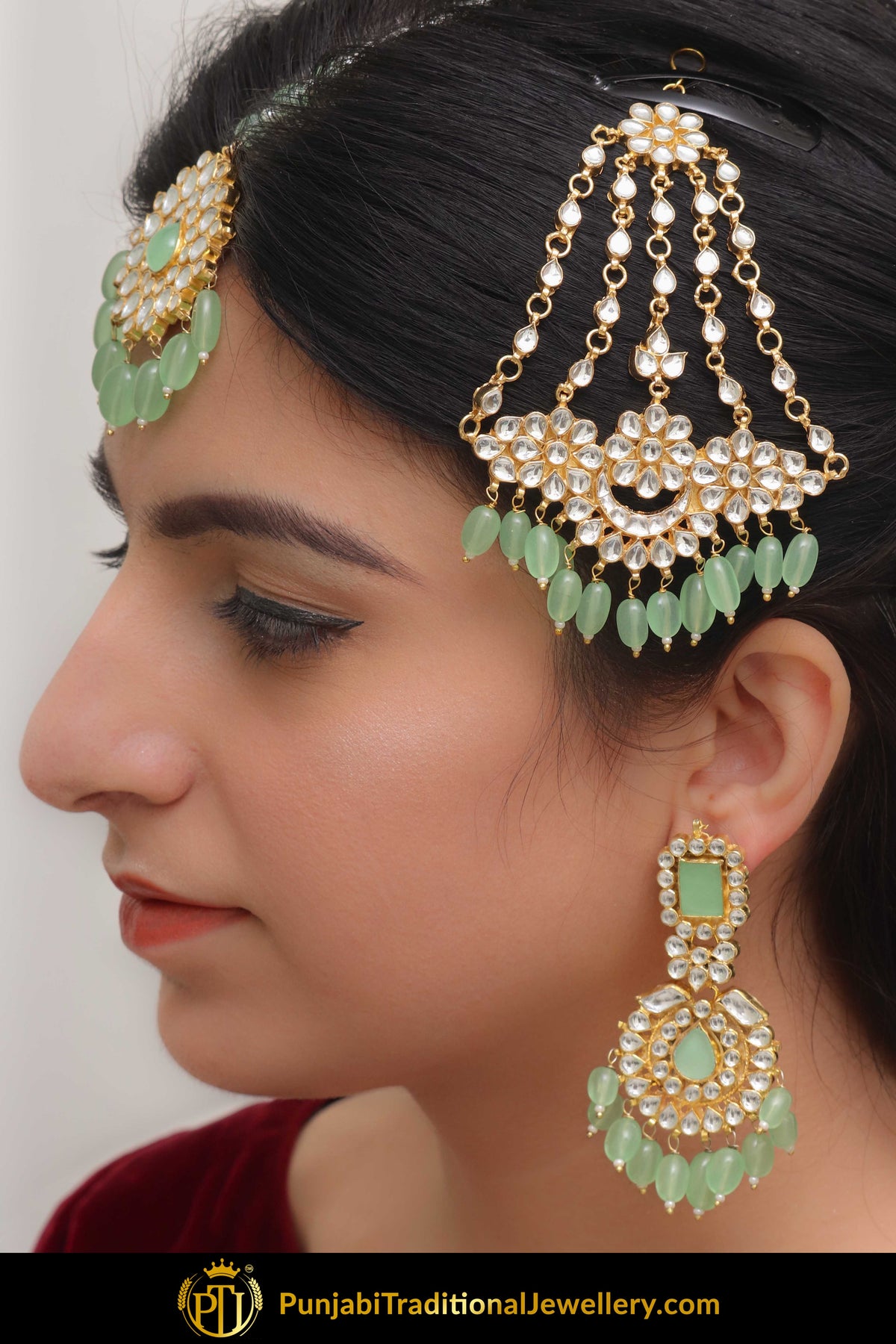 Aleesa New Jade Pearl & Kundan Earring Tikka Set With Passa | Punjabi traditional Jewellery Exclusive