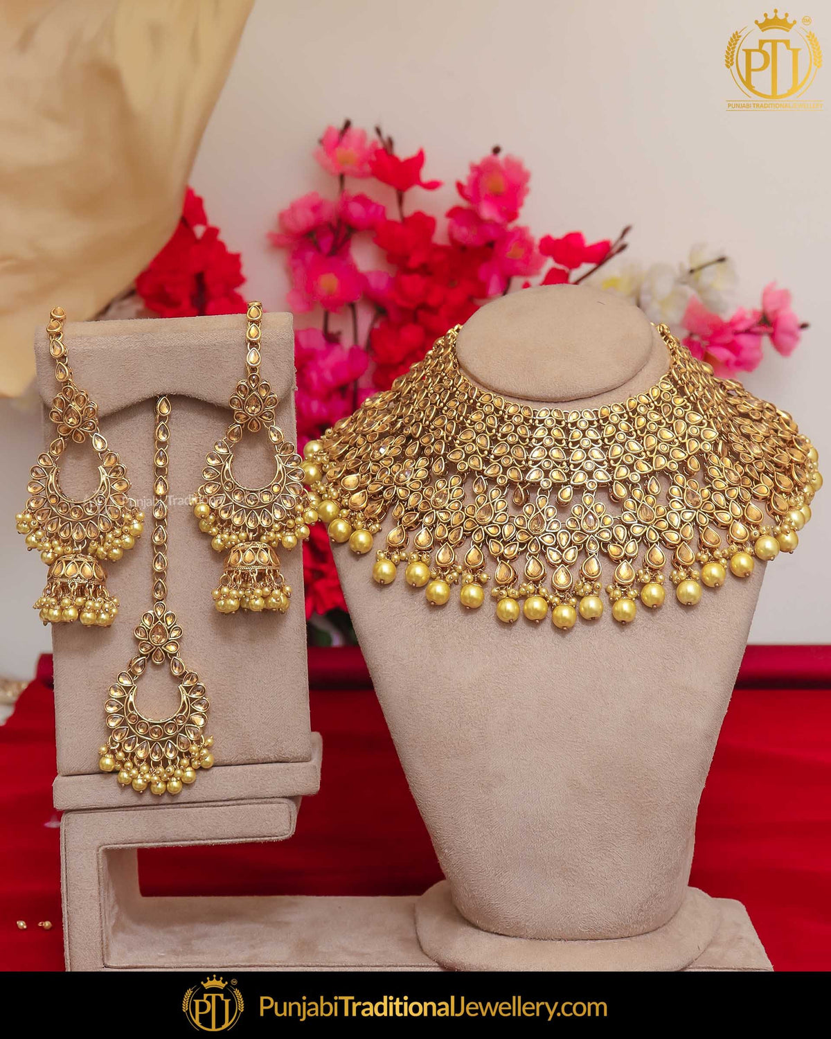Gold Finished Kundan Golden Pearl Choker Necklace Set | Punjabi Traditional Jewellery Exclusive