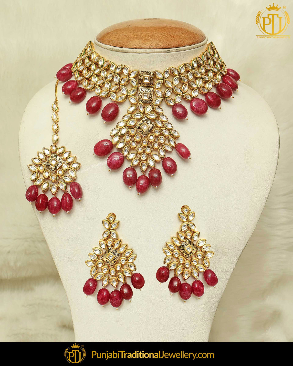 Red Pearl Kundan Necklace Set By Punjabi Traditional Jewellery