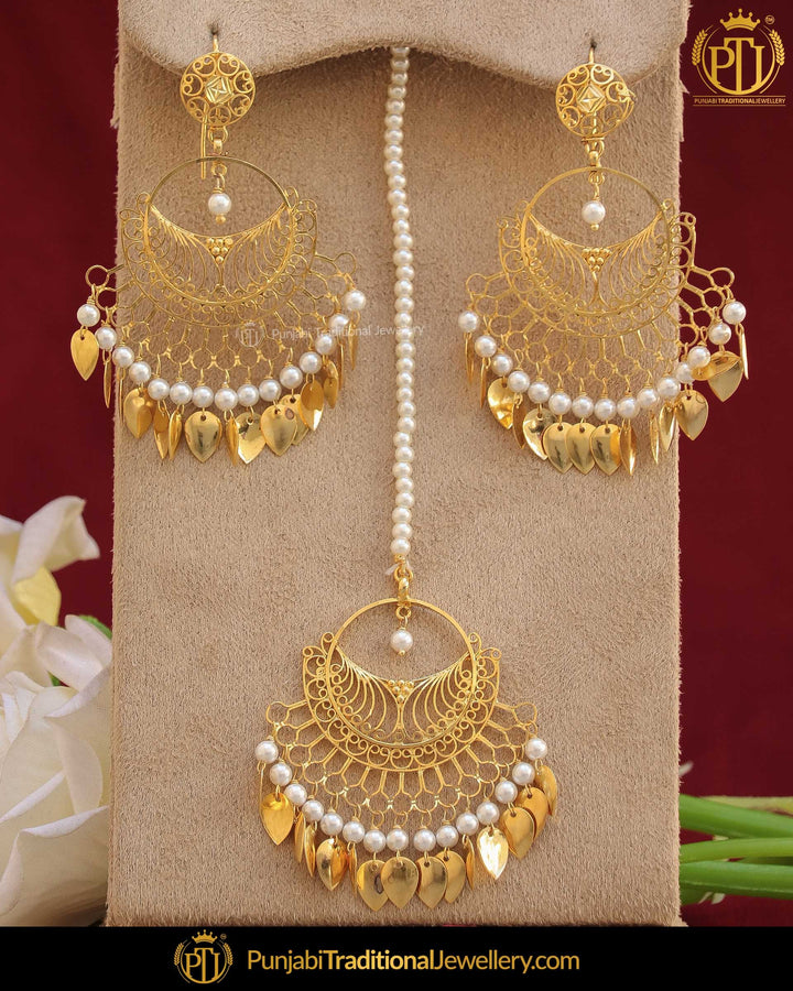 Gold Finished Pippal Patti Patra Earring Tikka Set | Punjabi Traditional Jewellery Exclusive