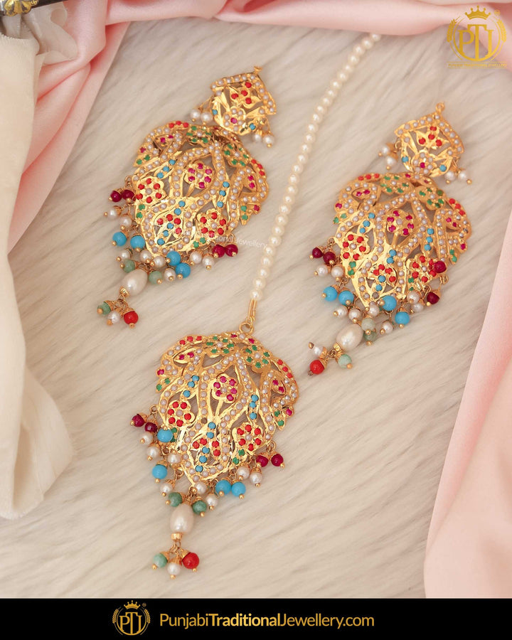 Gold Finished Jadau Multi Earring Tikka Set | Punjabi Traditional Jewellery Exclusive