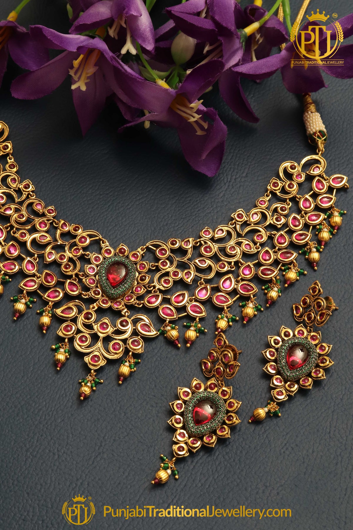 Matt Gold Rubby Kundan Necklace Set | Punjabi Traditional Jewellery Exclusive