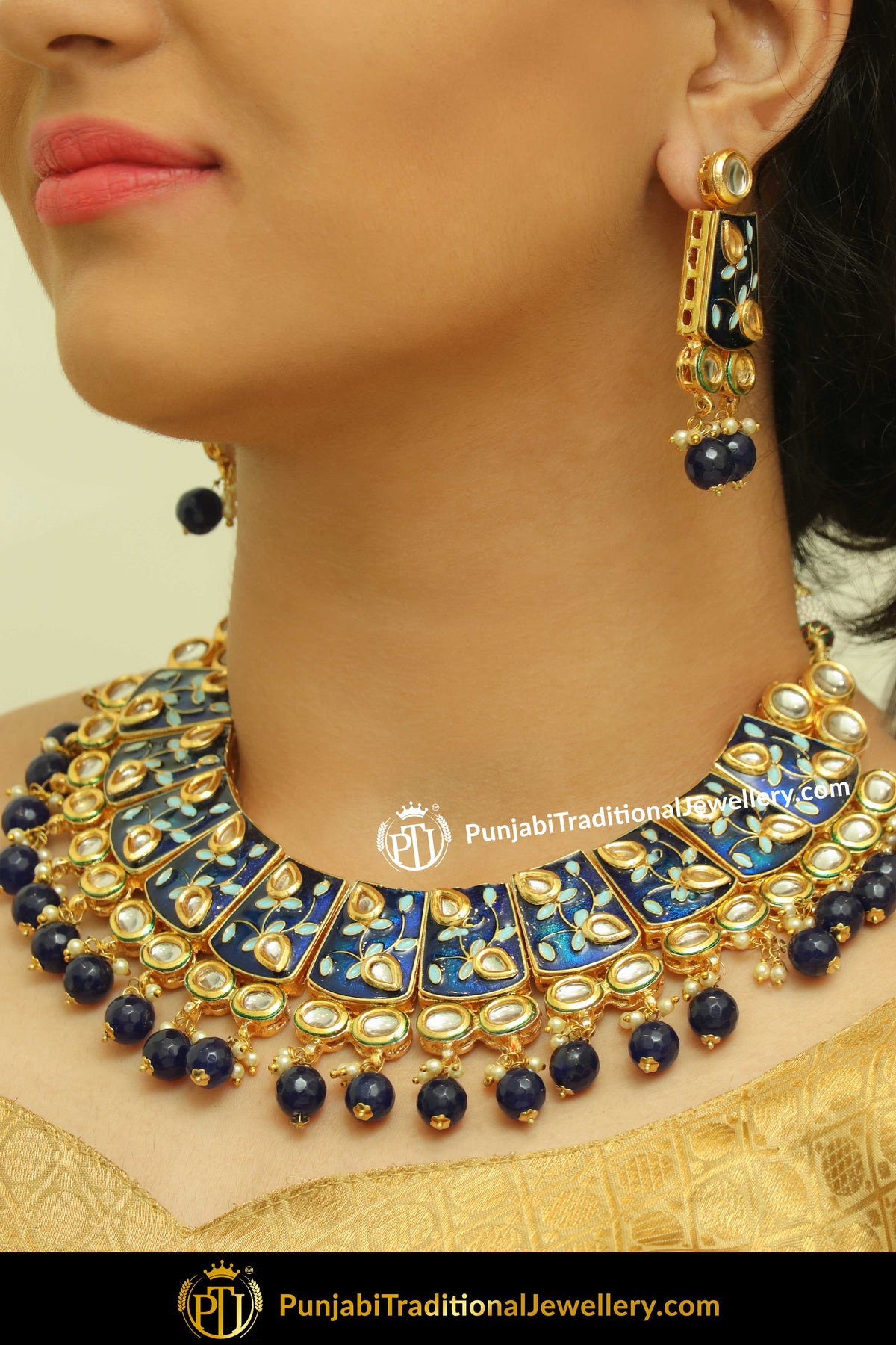 Kalima Hand Painted Blue Kundan Necklace Set & Earrings | Punjabi Traditional Jewellery Exclusive