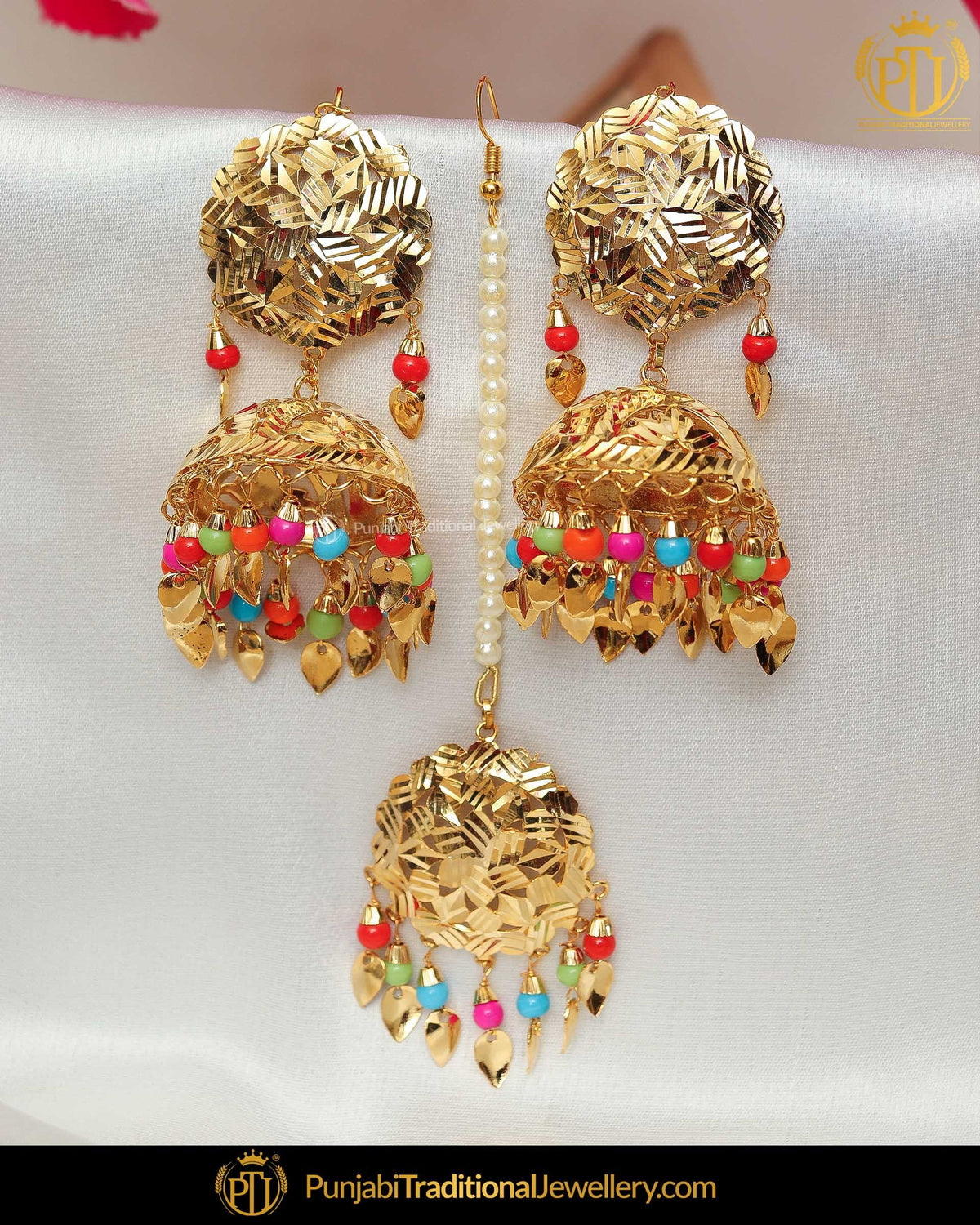 Gold Finished Jadau Navratan Pippal Patti Pearl Earring Tikka Set | Punjabi Traditional Jewellery Exclusive