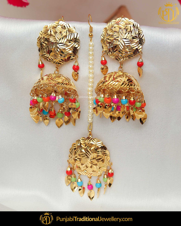 Gold Finished Jadau Navratan Pippal Patti Pearl Earring Tikka Set | Punjabi Traditional Jewellery Exclusive