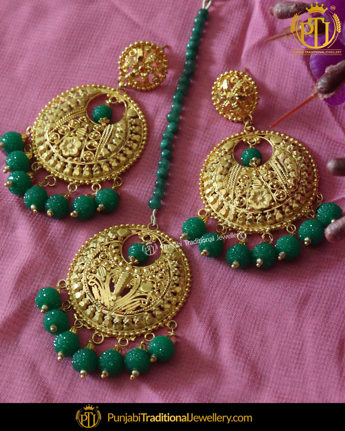 Aaqilah Green Earring Tikka Set | Punjabi Traditional Jewellery Exclusive