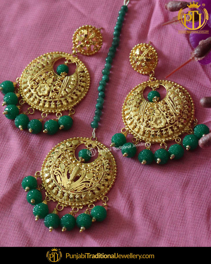 Aaqilah Green Earring Tikka Set | Punjabi Traditional Jewellery Exclusive